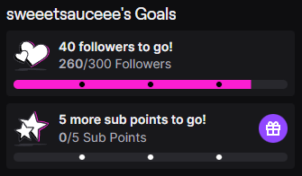 SweeetSauceee's tweet photo. Just added a follower goal and a sub goal! Follower goal is to setup a dog cam for my babies and the sub goal is to start a super special countdown 😊 #twitchstreamer #followergoal #subgoal https://t.co/63TwMBJyj1