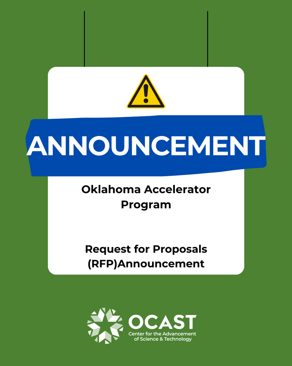 OCAST is seeking a team to lead the OKC Accelerator — an equity-neutral program supporting Oklahoma startups with capital, mentorship &amp; more.

Deadline: July 25, 2025
Details 👉 loom.ly/0IP75sk

#OCAST #OKStartups #Accelerator #InnovationInOK