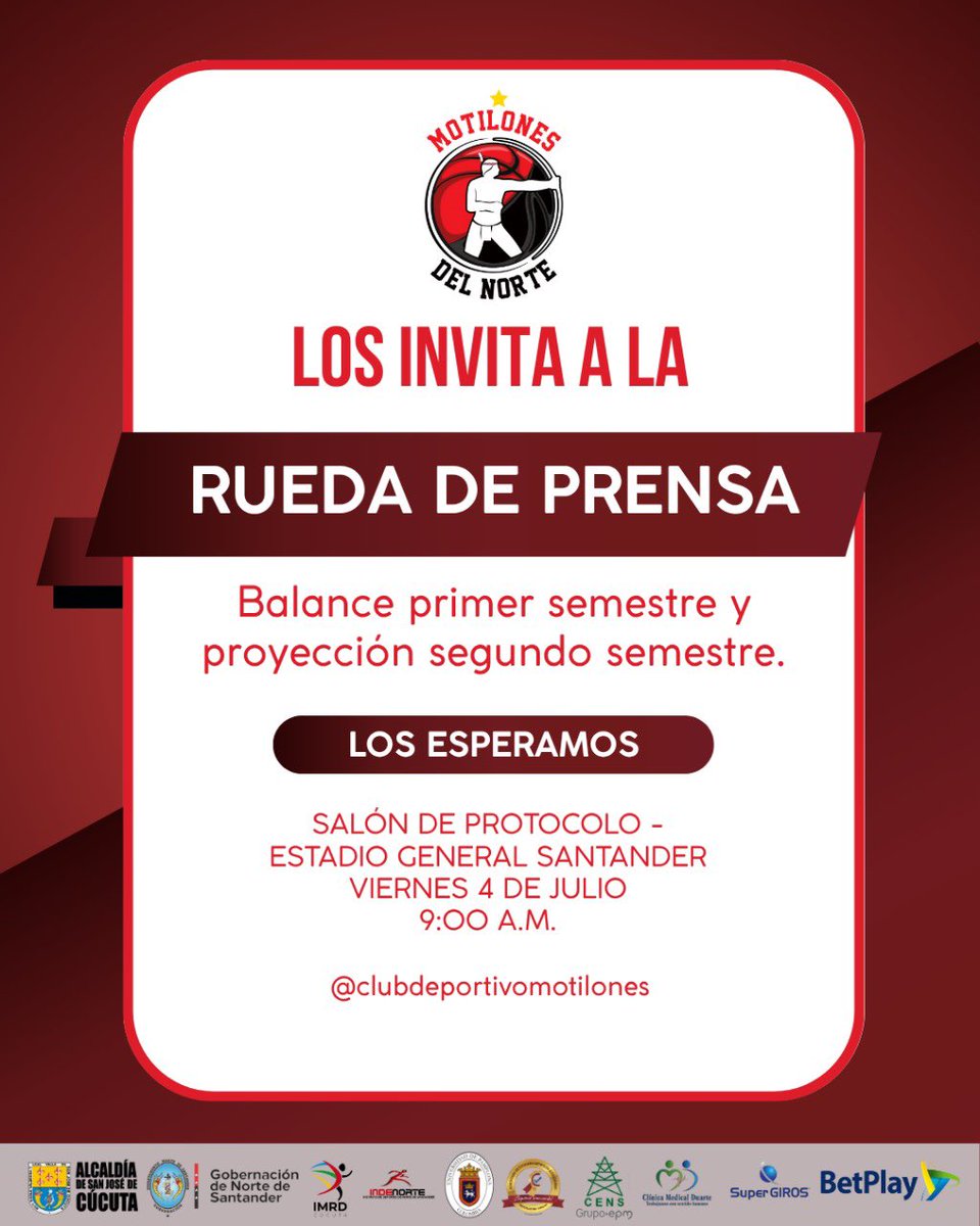 Invitamos a todos los medios de comunicación y comunidad interesada a nuestra rueda de prensa el viernes a las 9:00 a.m. para discutir el balance del primer semestre y todo lo que se viene para esta segunda temporada del año 🏀

¡Los esperamos!

#MotilonesDelNorte