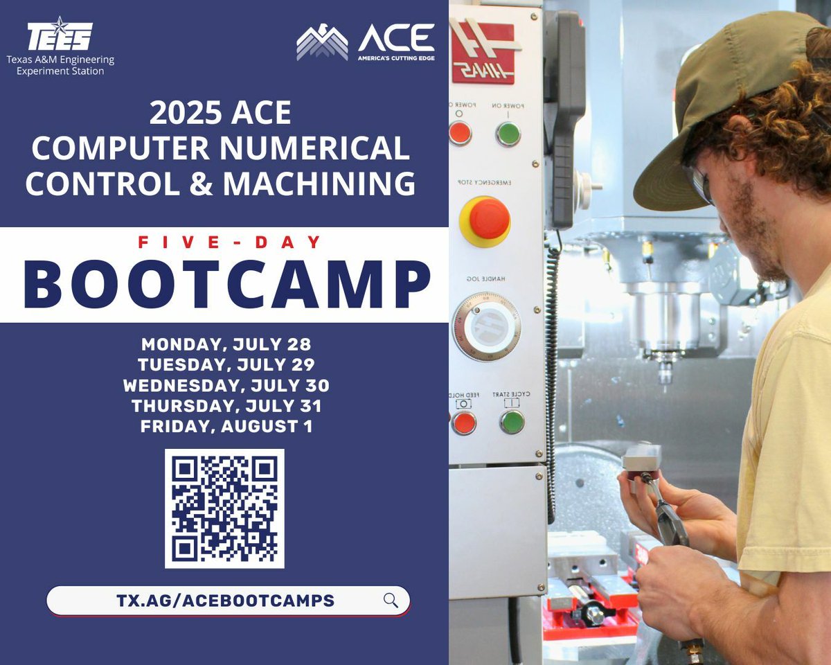 The America’s Cutting Edge (ACE) initiative is here to provide a pathway for individuals interested in pursuing a career in machining and machine learning.

Receive FREE online and hands-on CNC machining training - no prior experience needed!  
Learn more: tx.ag/ACEbootcamps