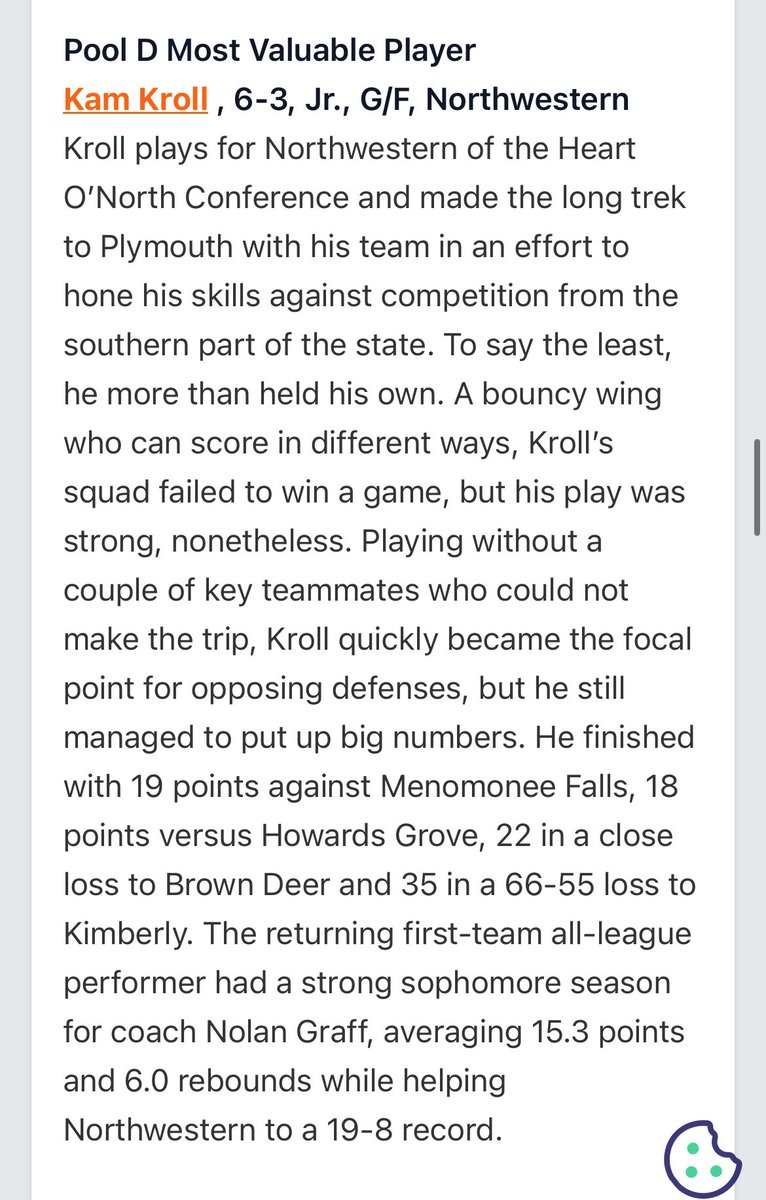 Kamden Kroll (@kamdenkroll) on Twitter photo Thank you <a href="/PrepHoops_WI/">Prep Hoops Wisconsin</a> and <a href="/WisBBYearbook/">Mark Miller</a> for the write up and naming me the naming me most valuable player at the WBY tournament in Plymouth!
<a href="/KevinMoses38/">Kevin Moses LLC</a> <a href="/NHS_TigersBBB/">Northwestern Boys Basketball</a> <a href="/WIPlaymakers/">Wisconsin Playmakers</a> <a href="/NorthPlaymakers/">Playmakers North</a> Thank you <a href="/PrepHoops_WI/">Prep Hoops Wisconsin</a> and <a href="/WisBBYearbook/">Mark Miller</a> for the write up and naming me the naming me most valuable player at the WBY tournament in Plymouth!
<a href="/KevinMoses38/">Kevin Moses LLC</a> <a href="/NHS_TigersBBB/">Northwestern Boys Basketball</a> <a href="/WIPlaymakers/">Wisconsin Playmakers</a> <a href="/NorthPlaymakers/">Playmakers North</a>