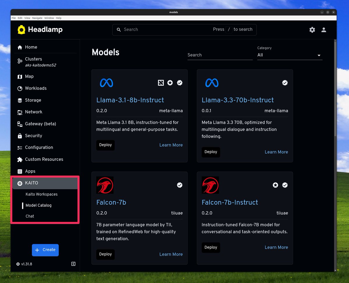 Still in early phases but love to see the new #Headlamp plugin for #KAITO!

To give it a try, deploy KAITO on AKS using Terraform (github.com/kaito-project/…), open Headlamp (headlamp.dev), install the plugin, connect to your cluster, deploy a workspace, and chat with it!