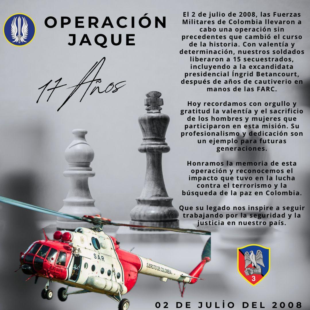 Ejercito_Davaa's tweet photo. El Batallón de Aviación N.° 3 conmemora cada 2 de julio la Operación Jaque, considerada una de las operaciones militares más exitosas y estratégicas en la historia del país.

Una fecha recordada como símbolo de profesionalismo, honor y compromiso de las Fuerzas Militares con la defensa de los derechos humanos y la libertad de los colombianos.

#PatriaHonorLealtad 
#NuestroCompromisoEs🇨🇴