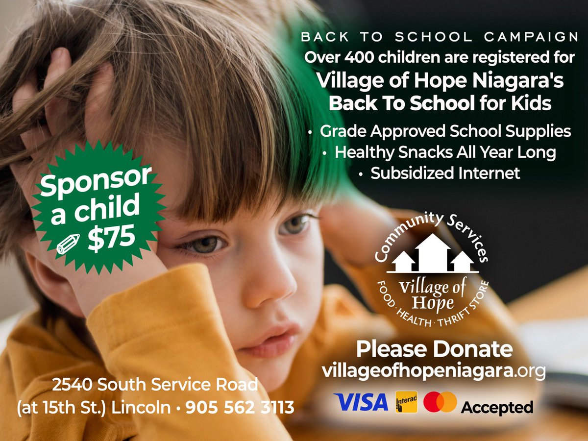DONATE TODAY!  more than 400 children of Lincoln families enrolled in our Back To School program this year... Your donation ensures that we can provide school supplies, home internet access, our year long, Healthy Snack program, and more.  villageofhopeniagara.org/donate