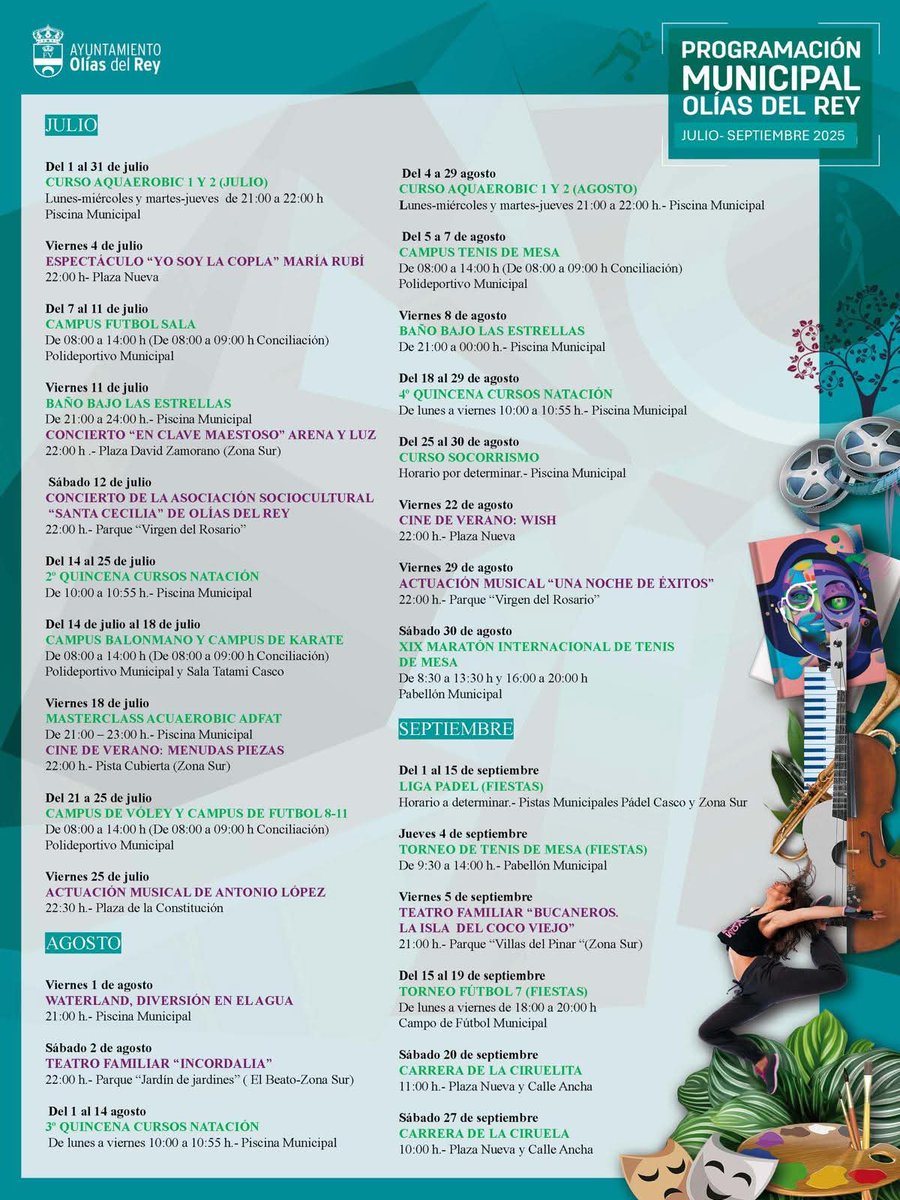 NO LLAMÉIS CULTURA, AL ENTRETENIMIENTO. 
El entretenimiento es de consumo y olvido rápido. La cultura permanece y se construye desarrollando juicio crítico. 
El prog. de actividades, deportes y piscina aunque sea a la luz de una poética luna, no aporta nada a la cultura.
#olias