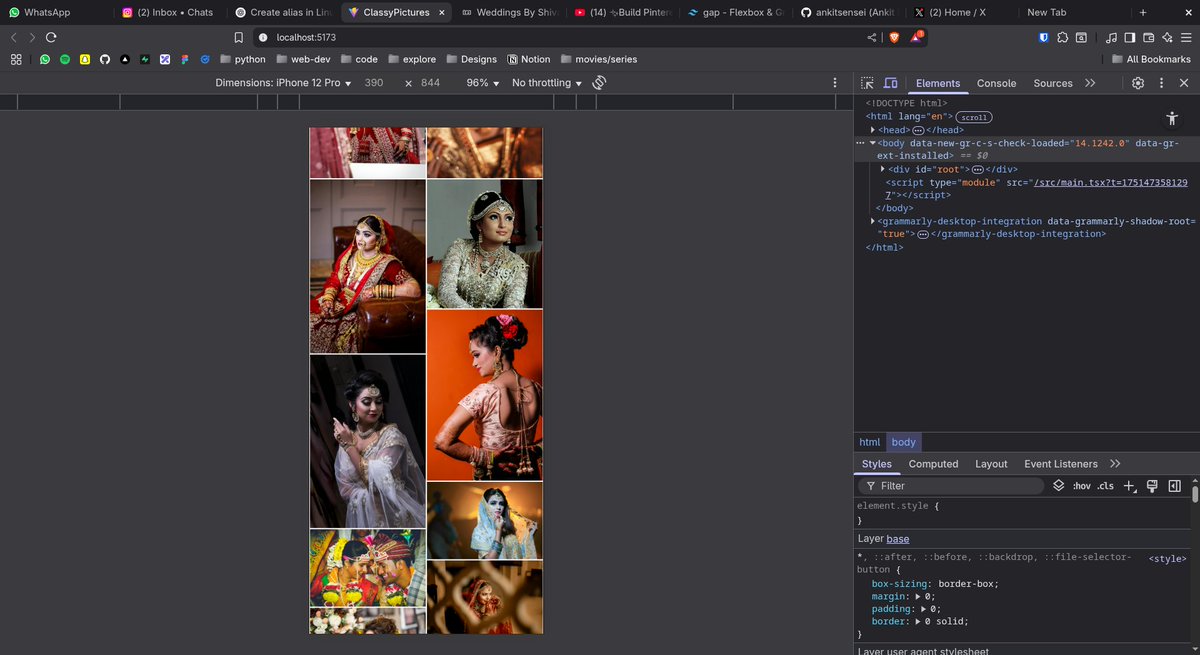 webdevankit's tweet photo. Dang!!,
I took almost fuckin 2 hrs making the Pinterest images layout. 😭
I realised that the layout is called "Masonry Layout" and it is very easy to implement. 😿

#react #tailwindcss #typescript https://t.co/pQWPg7kll0