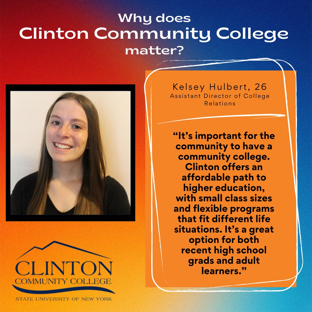 Why does Clinton Community College matter to Kelsey Hulbert? 🏫
🔸 Community college is essential for the community’s growth and opportunity
🔸 Flexible programs support a variety of life situations
🔸 Ideal for both recent high school graduates and adult learners
#WhyCCCMatters