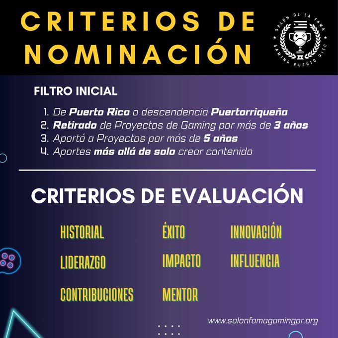 🕹️ ¿Quién merece entrar al Salón de la Fama del Gaming en PR?

🏆 Buscamos leyendas:
✅ 5+ años aportando
✅ Retirado 3+ años
✅ Más que solo crear contenido
📚 Evaluamos impacto, éxito, innovación y más.

🔗 Nomina: salonfamagamingpr.org
#SFGPR