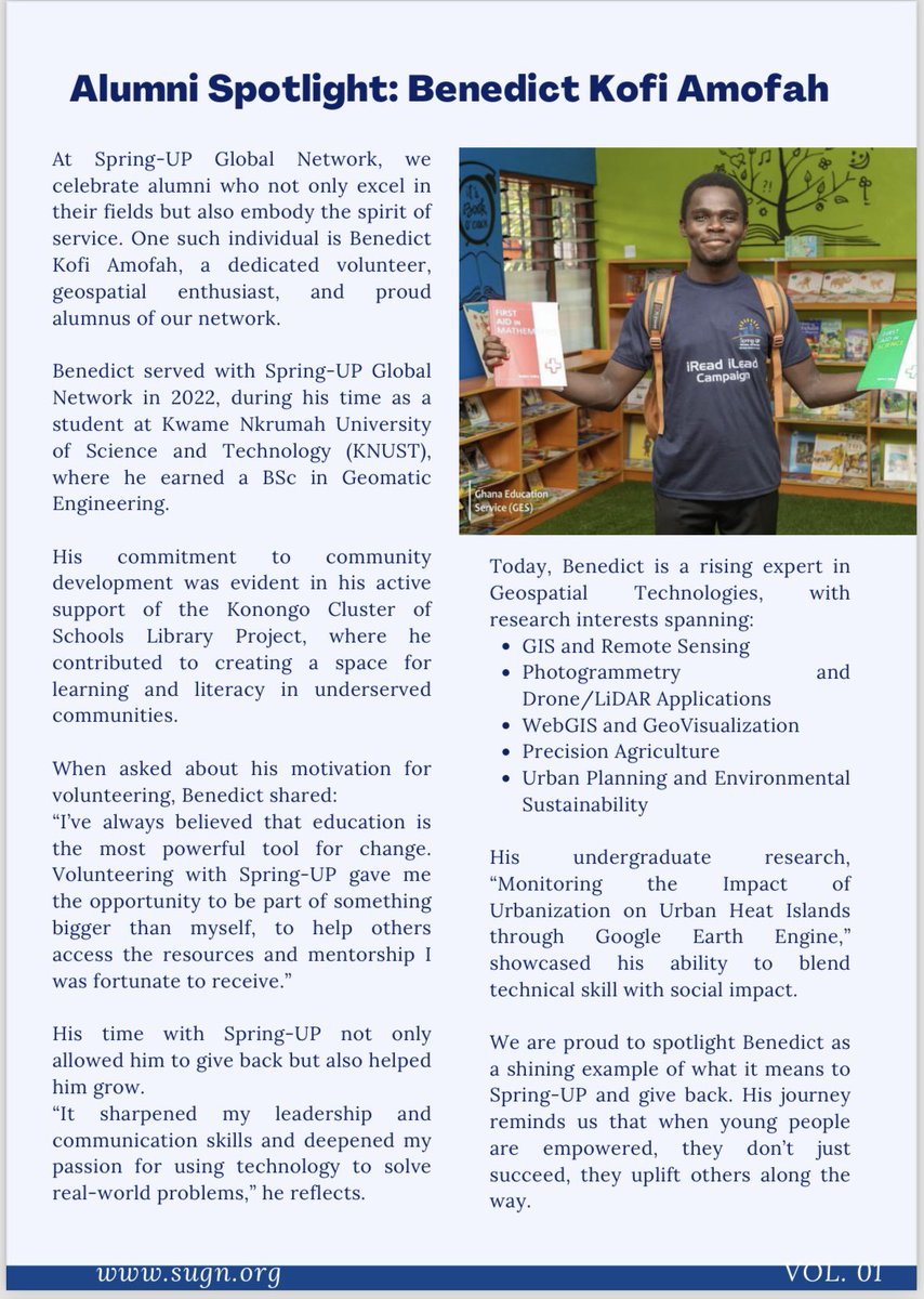SUGNetwork's tweet photo. In our Alumni Spotlight feature in the Q2 newsletter, we celebrate Benedict Kofi Amofah, a volunteer, geospatial enthusiast and a proud alumnus of our network.

Dive in here: https://t.co/8TeCzOMLQ0 

#SpringUPScroll #SpringUPGlobalNetwork #YouthLeadership   #QuarterlyNewsletter https://t.co/yzvm4EOHy6