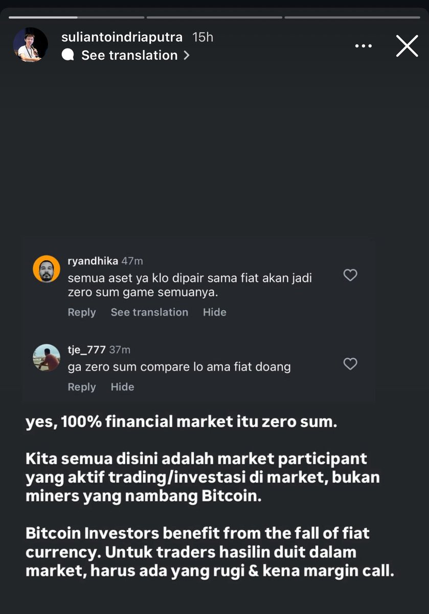 terkait btc/crypto itu zero sum game. gw sih simpel, kalo lu anggap crypto  itu zero sum game, berarti lu hrs mengakui semua financial market itu zero  sum game. ini gw setuju. tp