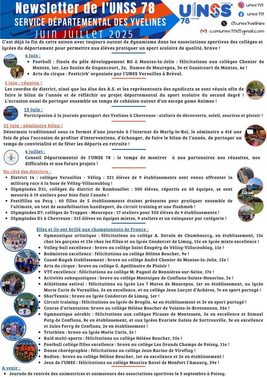 Retrouvez toutes notre actualité dans la newsletter de l'<a href="/unss/">UNSS_National</a> dans <a href="/Les_Yvelines/">Les Yvelines</a> des mois de juin-juillet ! Beaucoup d'informations, symbole du dynamisme du sport scolaire dans le département, bravo aux enseignants !

<a href="/IA_DAASEN_78/">Valérie Servissolle DAASEN des Yvelines</a> <a href="/PatardDominique/">Dominique PATARD</a>