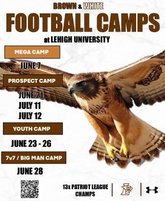 Two opportunities left to camp on The Mountain this summer! Come compete and develop in July! You don’t want to miss out!
brownandwhitefootballcamp.com