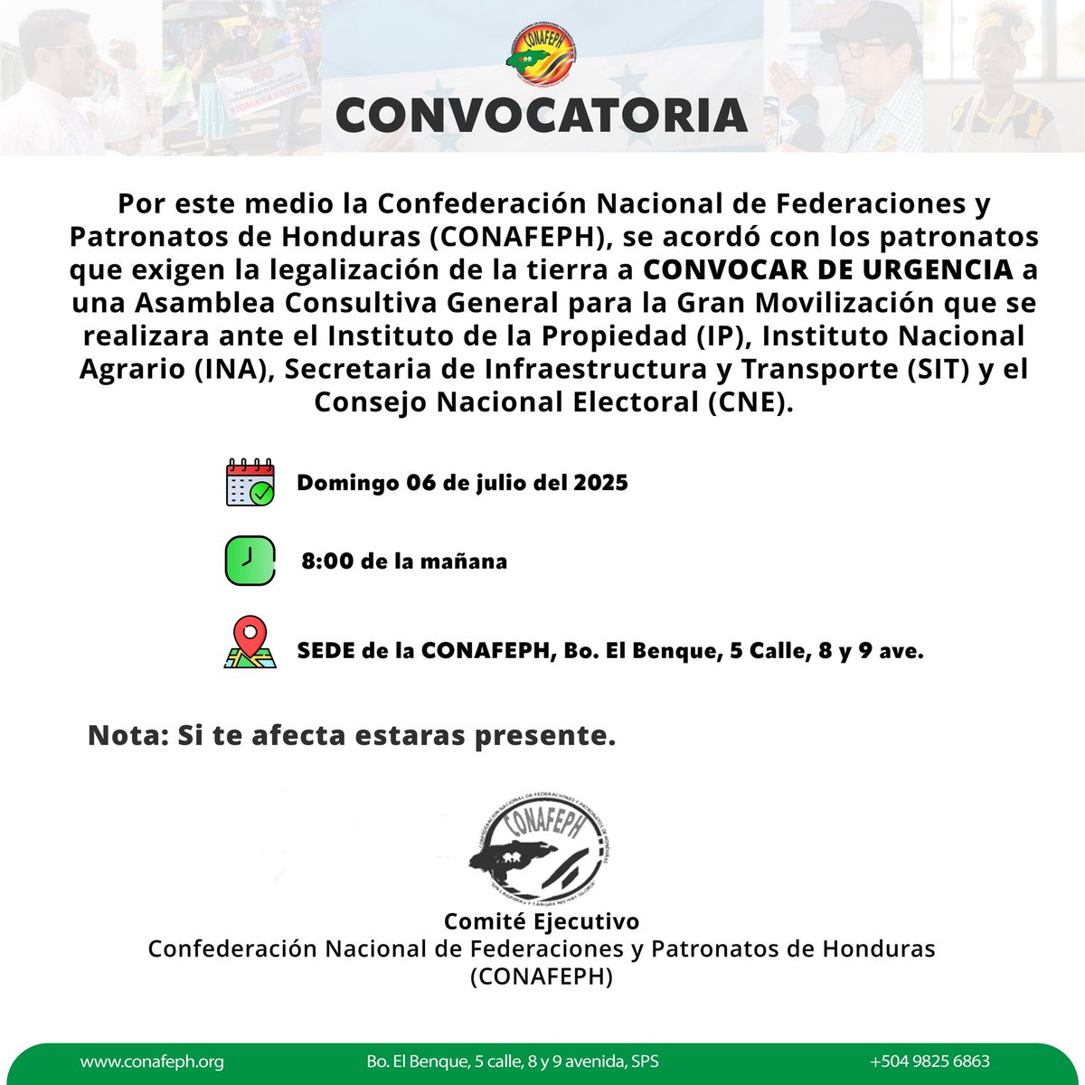 🚨 ¡ATENCIÓN COMUNIDADES Y PATRONATOS! 🚨

La Confederación Nacional de Federaciones y Patronatos de Honduras (CONAFEPH) convoca de urgencia a todos los patronatos que exigen la legalización de la tierra a una Asamblea Consultiva General, donde definiremos acciones para la Gran