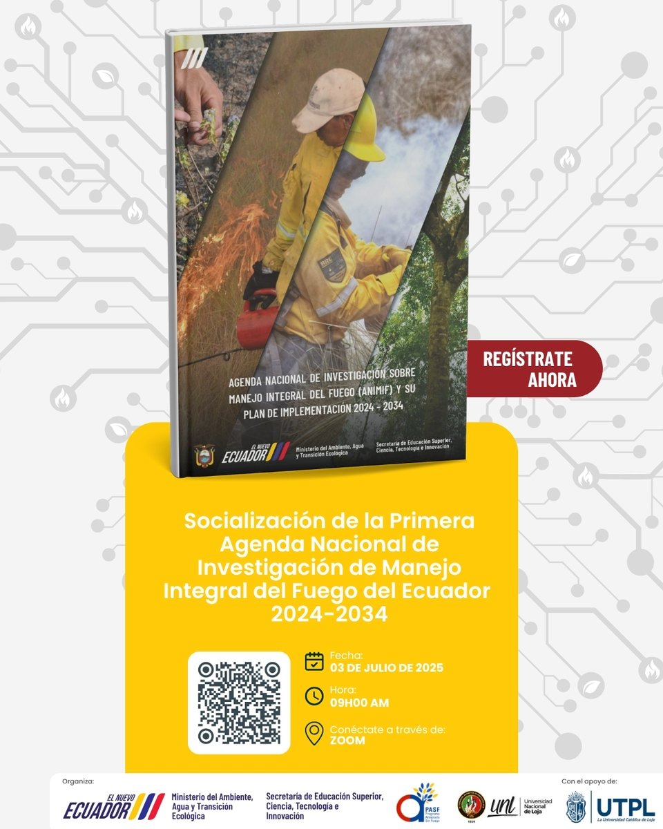 🔥 ¡Hito nacional! 🔎Súmate a la socialización de la Agenda Nacional de Investigación en Manejo Integral del Fuego 2024–2034.
📲 Conéctate por → utpl.zoom.us/meeting/regist…
Un esfuerzo conjunto entre Ecuador, GIZ, Brasil y Costa Rica.