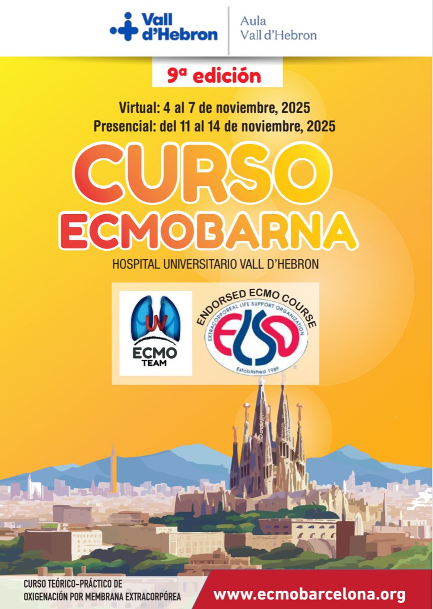 Curso #ECMOBARNA2025. Único curso #ECMO en España con el aval <a href="/ELSOOrg/">ELSO</a>, y de los pocos de Europa.
Inscríbete!!