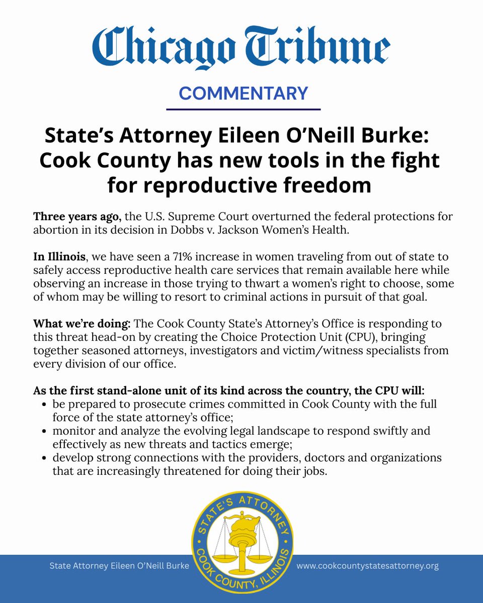cookcountysao's tweet image. Don't forget to check out @saeileenburke's recent Chicago Tribune op-ed explaining the need for the newly created Choice Protection Unit and urging lawmakers to pass legislation that would extend protections to reproductive healthcare facilities.
🔗chicagotribune.com/2025/07/01/opi…