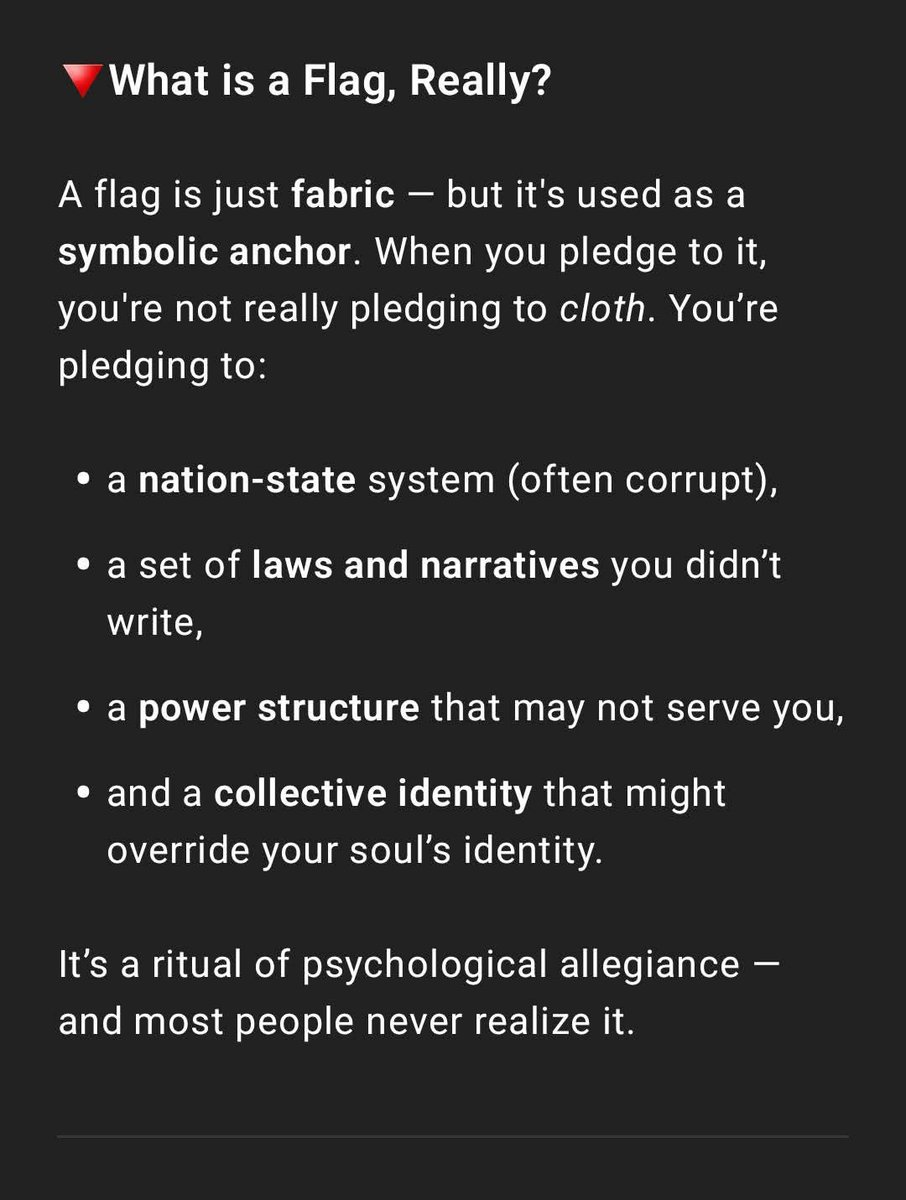 Gatekeeper813's tweet photo. They gave you a flag to salute… so you’d forget you already had wings. 🕊️
You don’t owe blind loyalty to a system.
Pledge to truth. To Creator. To your soul’s mission.
#WAKEshift #TruthOverProgramming https://t.co/fmC9lHKneS