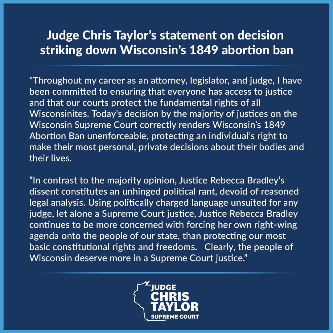 There's a clear choice in this race between Judge Chris Taylor, who has spent her career fighting for our rights and freedoms, and Justice Rebecca Bradley, who once again voted to strip Wisconsinites' rights away.

Read Judge Taylor's reaction here ⬇️