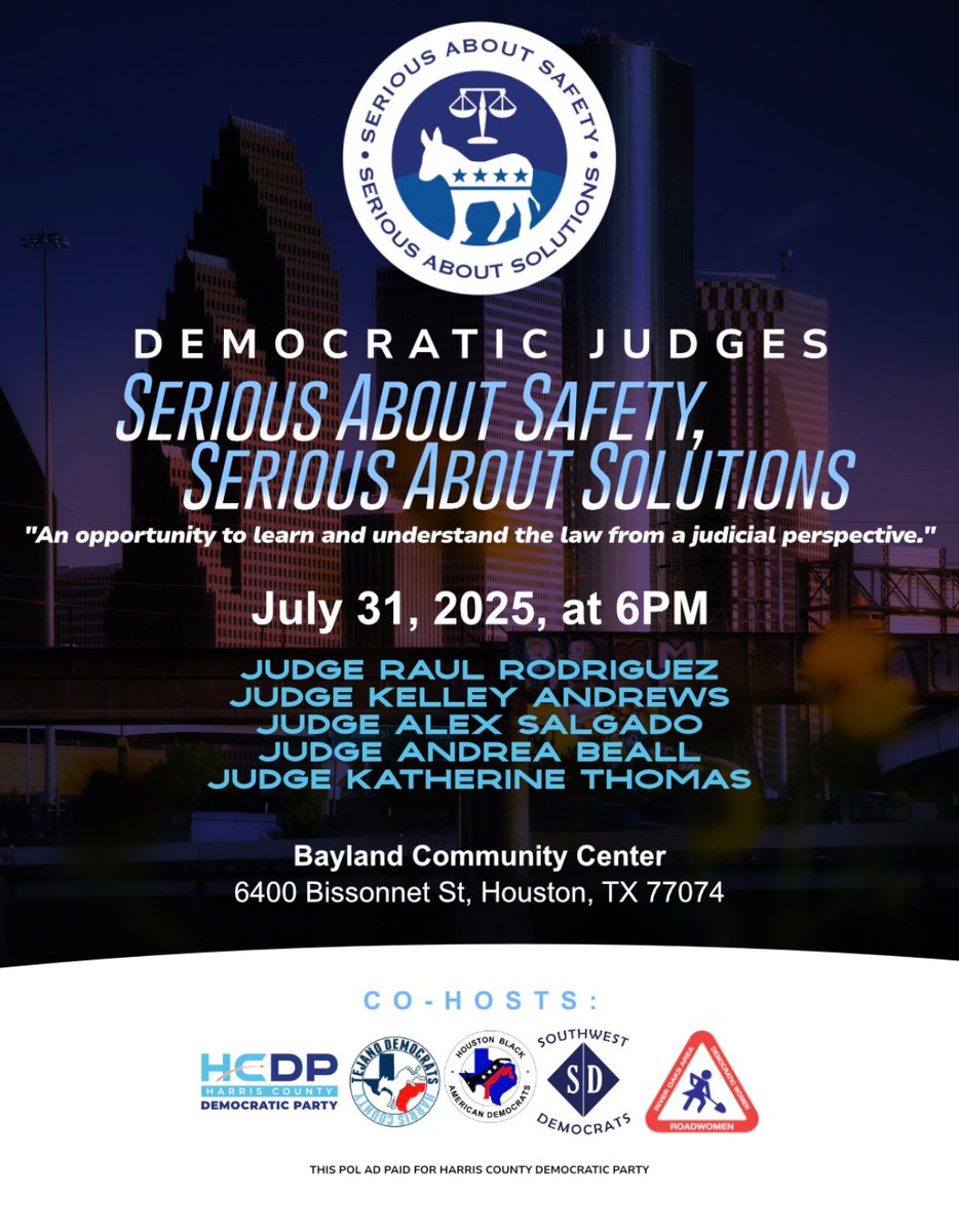 Harris County Democratic Party (HCDP) (@harrisdemocrats) on Twitter photo Join us for a discussion with Judges RaĂşl RodrĂguez, Kelley Andrews, Alex Salgado, <a href="/BeallforJudge/">AndreaBeallforJudge</a>, and <a href="/KATForJudge/">Katherine Thomas</a> and find out how Democratic judges are protecting your rights at this crucial time!
Co-hosted by <a href="/TejanoDemocrats/">Harris County Tejano Democrats</a>, <a href="/HouBlackDems/">Houston Black American Democrats</a>, <a href="/southwestdems/">Southwest Democrats</a>, and <a href="/ROADwomenTX/">ROADwomenTX</a> Join us for a discussion with Judges RaĂşl RodrĂguez, Kelley Andrews, Alex Salgado, <a href="/BeallforJudge/">AndreaBeallforJudge</a>, and <a href="/KATForJudge/">Katherine Thomas</a> and find out how Democratic judges are protecting your rights at this crucial time!
Co-hosted by <a href="/TejanoDemocrats/">Harris County Tejano Democrats</a>, <a href="/HouBlackDems/">Houston Black American Democrats</a>, <a href="/southwestdems/">Southwest Democrats</a>, and <a href="/ROADwomenTX/">ROADwomenTX</a>