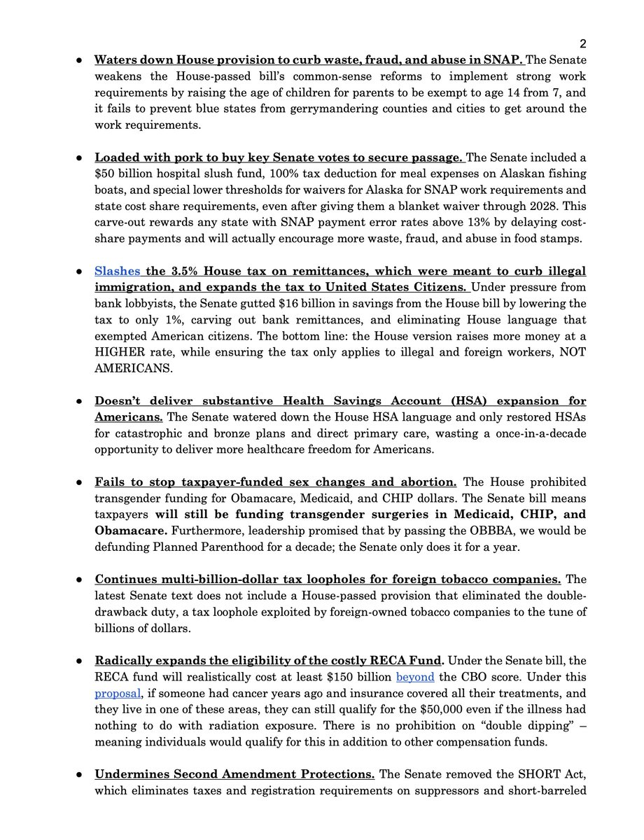 sahilkapur's tweet photo. MEANWHILE: House Freedom Caucus leaders are circulating this doc torching the Senate-passed "big beautiful bill." They say it increases deficits and contains insufficient clean energy cuts, inadequate Medicaid rules, "excessive port for Alaska and Hawaii," among other grievances. https://t.co/TqFTGICGrf