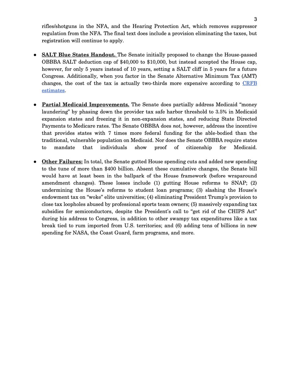 MEANWHILE: House Freedom Caucus leaders are circulating this doc torching the Senate-passed "big beautiful bill." They say it increases deficits and contains insufficient clean energy cuts, inadequate Medicaid rules, "excessive port for Alaska and Hawaii," among other grievances.
