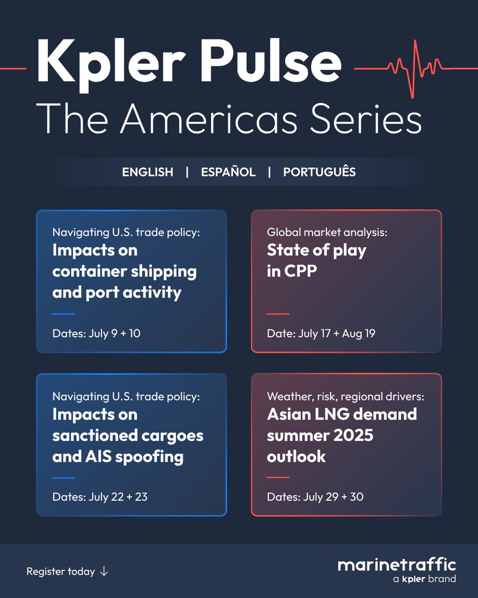MarineTraffic's tweet image. Kpler Pulse: The Americas Series is here.

A brand-new webinar series bringing you expert insights on commodities and maritime trends shaping the Americas and global markets.

✔️ Available in English, Spanish, and Portuguese
✔️ Global trends. Local context. Real-time insights.…