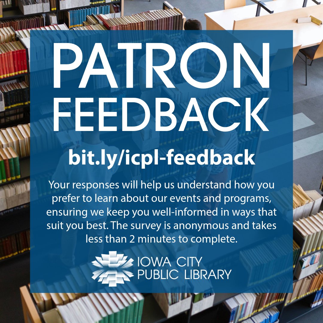 We want to know your thoughts on ICPL events and programs! Fill out our anonymous feedback form that should take less than two minutes to complete at 🔗bit.ly/icpl-feedback