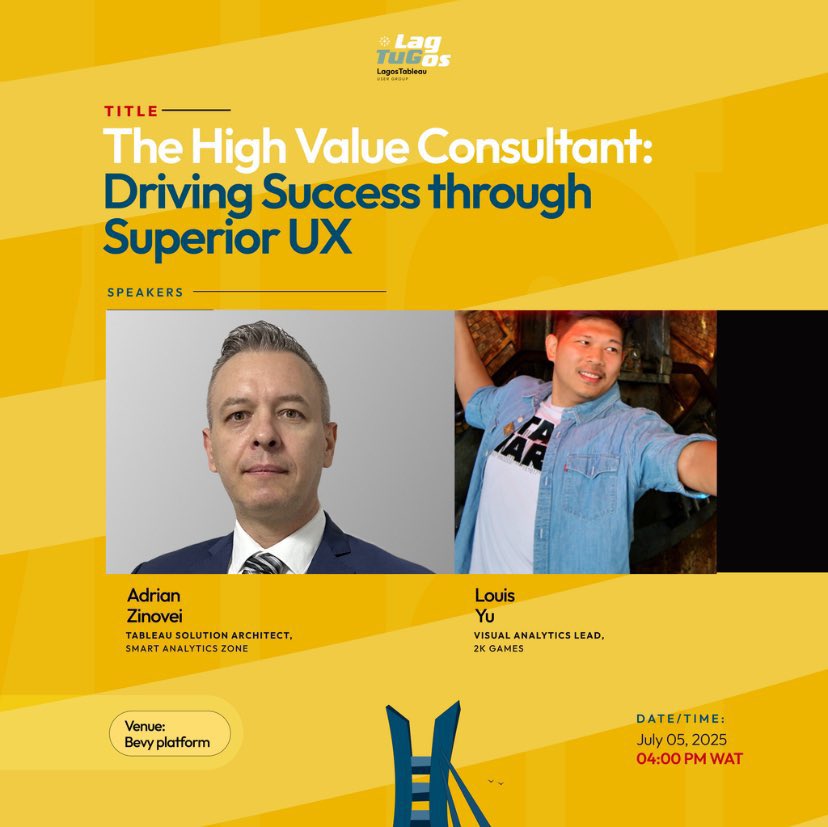 Tóbilóba (@babajide_tobi) on Twitter photo We’ve just two days left, with two amazing speakers: <a href="/AdrianZinovei/">Adrian Zinovei</a> and <a href="/datavizlouis/">Louis Yu</a>.
This event is completely free and designed to help you grow your career.
Adrian + Louis + You = Unstoppable.
RSVP Now! Secure your spot
🔗 : usergroups.tableau.com/events/details… We’ve just two days left, with two amazing speakers: <a href="/AdrianZinovei/">Adrian Zinovei</a> and <a href="/datavizlouis/">Louis Yu</a>.
This event is completely free and designed to help you grow your career.
Adrian + Louis + You = Unstoppable.
RSVP Now! Secure your spot
🔗 : usergroups.tableau.com/events/details…