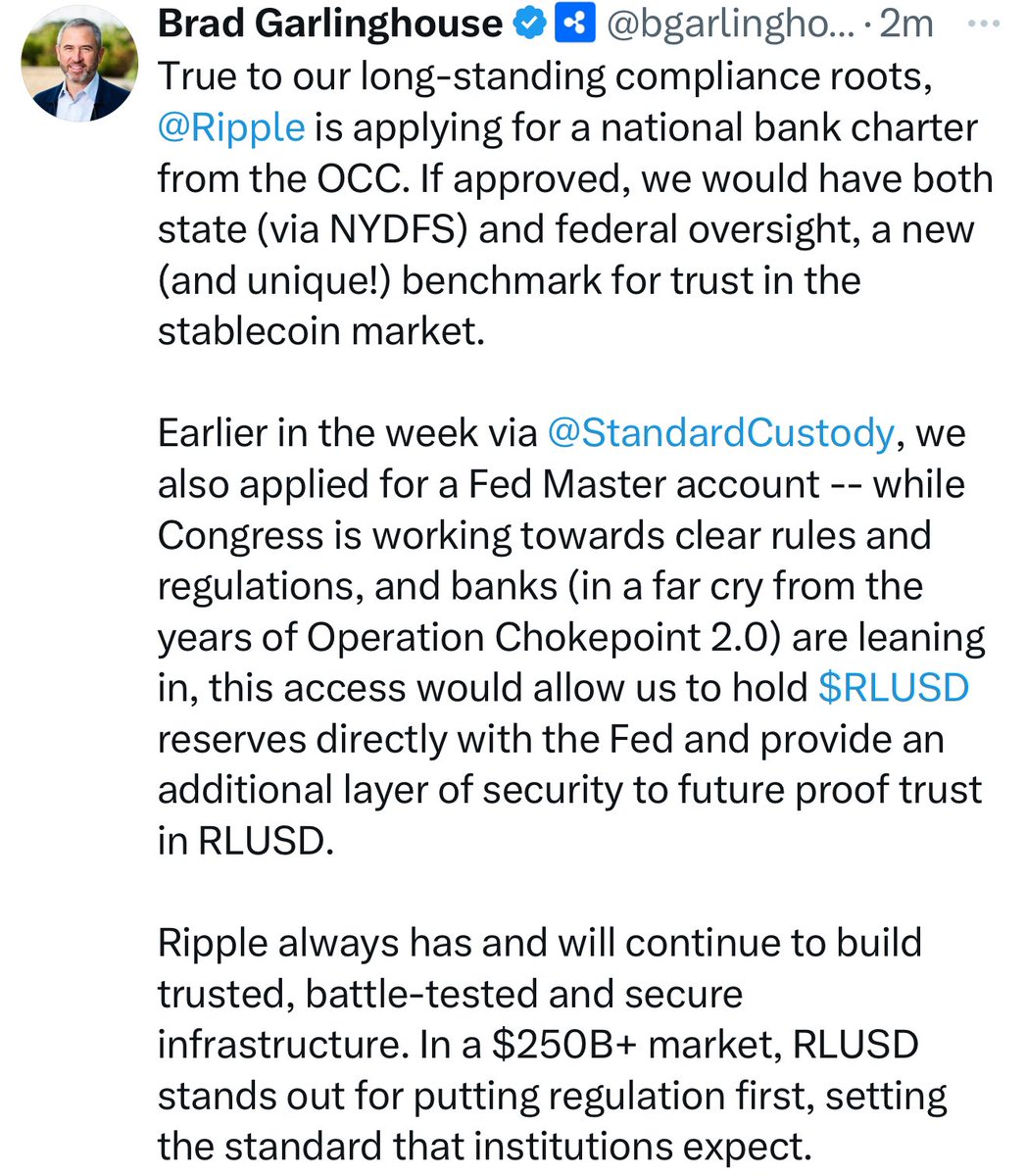 BOOOOOOOOOOOOOOOOOOM!!!

<a href="/Ripple/">Ripple</a> has applied for a national banking license! 💥🔥#XRP