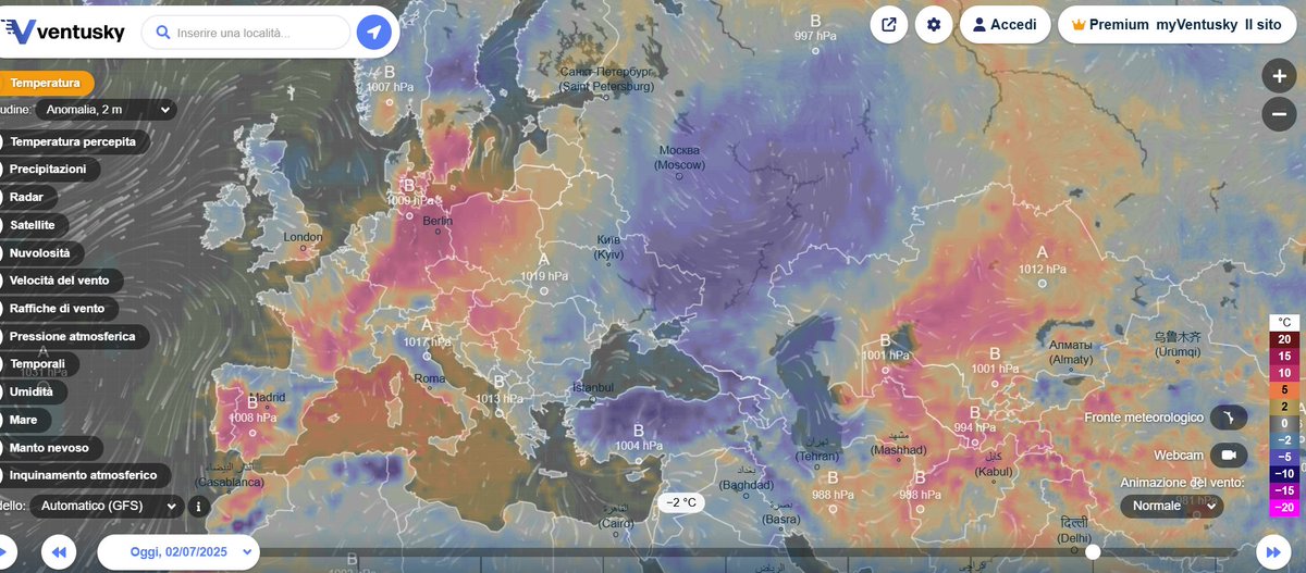 climacritic's tweet photo. Questa è la situazione delle anamolie di T oggi i Europa.
Tutti i Tg non fanno altro che parlare delle T eccezionali in Italia e in altre zona dell'Europa centrale. Ma nessun Tg vi mostra questa cartina in cui si vedono le zone orientali (Mosca, Turchia) con T che sono anche 10°C sotto la media stagionale.
Non possono farlo, perché altrimenti sarebbero costretti ad essere onesti e non allarmisti.