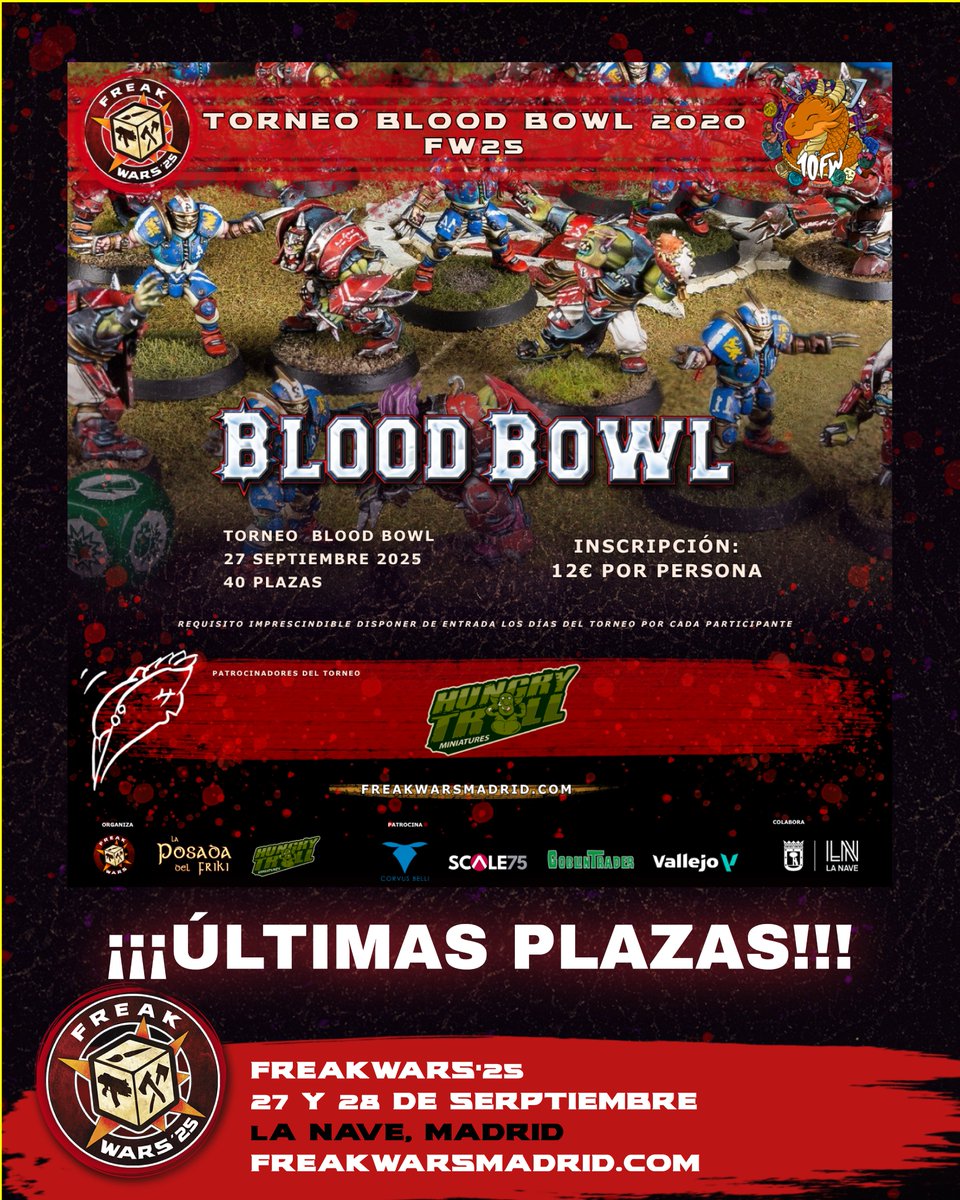 ⚡ El balón empieza a rodar: ¡el Torneo de Blood Bowl 2025 te espera!
📅 27 de septiembre · ⏰ 09:30 a 17:30
🎲 40 plazas ·🎁 Premios, dados y sorteos
¿Te vas a quedar sin jugar el partido del año?
#BloodBowlFW #FreakWars25 #Miniaturas #Bloodbowl #FW25
