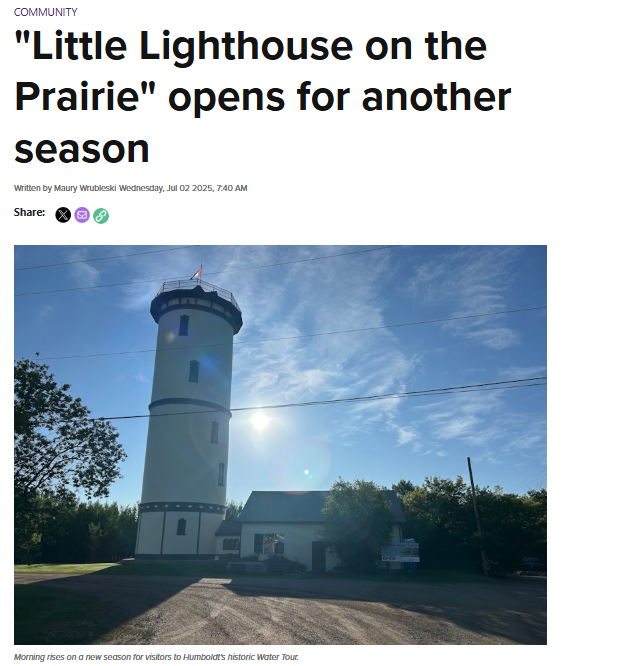 The Water Tower opens for the season today. The restored tower is an engineering marvel in its own right. Since it’s repurposing, it’s become a major tourist attraction, the only one in the province restored to this extent.  Check out the story online at discoverhumboldt.