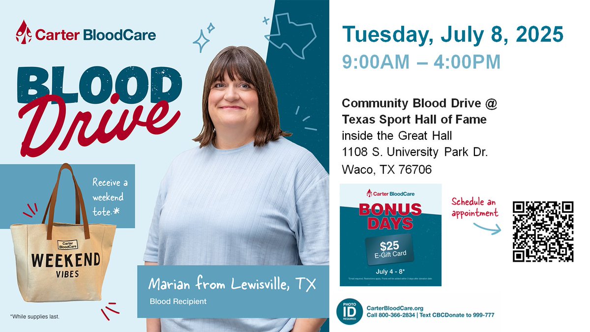 TXSportsHOF's tweet image. 🩸❤️ Join us and @carter_blood for a Blood Drive at THSOF next Tuesday, July 8th, from 9 AM - 4 PM!
Donating blood AND you’ll receive a FREE tote bag! 🎁
schedule your appointment today 👉 greatpartners.org/donor/schedule… #DonateBlood #SaveLives 🩸