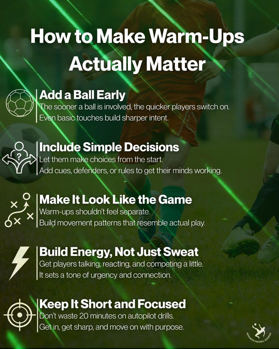 Most warm-ups are just empty movement.

Players go through the motions and gain nothing.

But done right, warm-ups can be the foundation for successful practices and match days👇