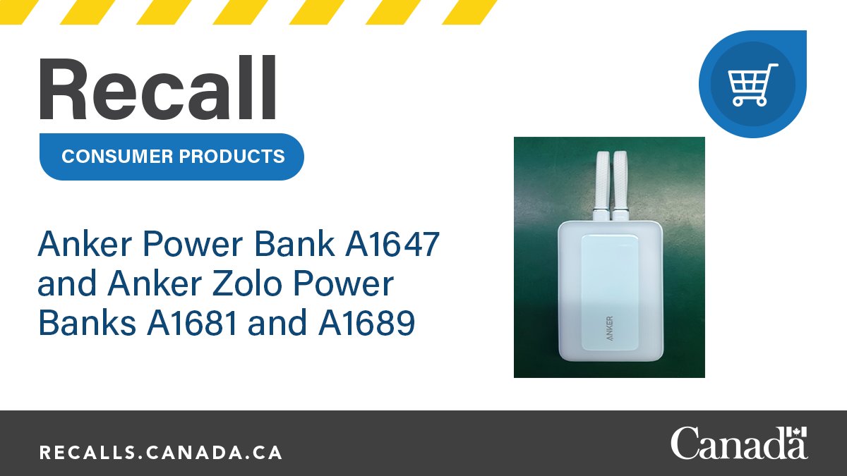 GovCanHealth's tweet image. #Recall: The lithium-ion batteries in certain units of Anker Power Bank A1647 and Anker Zolo Power Banks A1681 and A1689 from Amazon are recalled due to a fire hazard. Find out more about the recall and what to do: ow.ly/LStc50WixT3