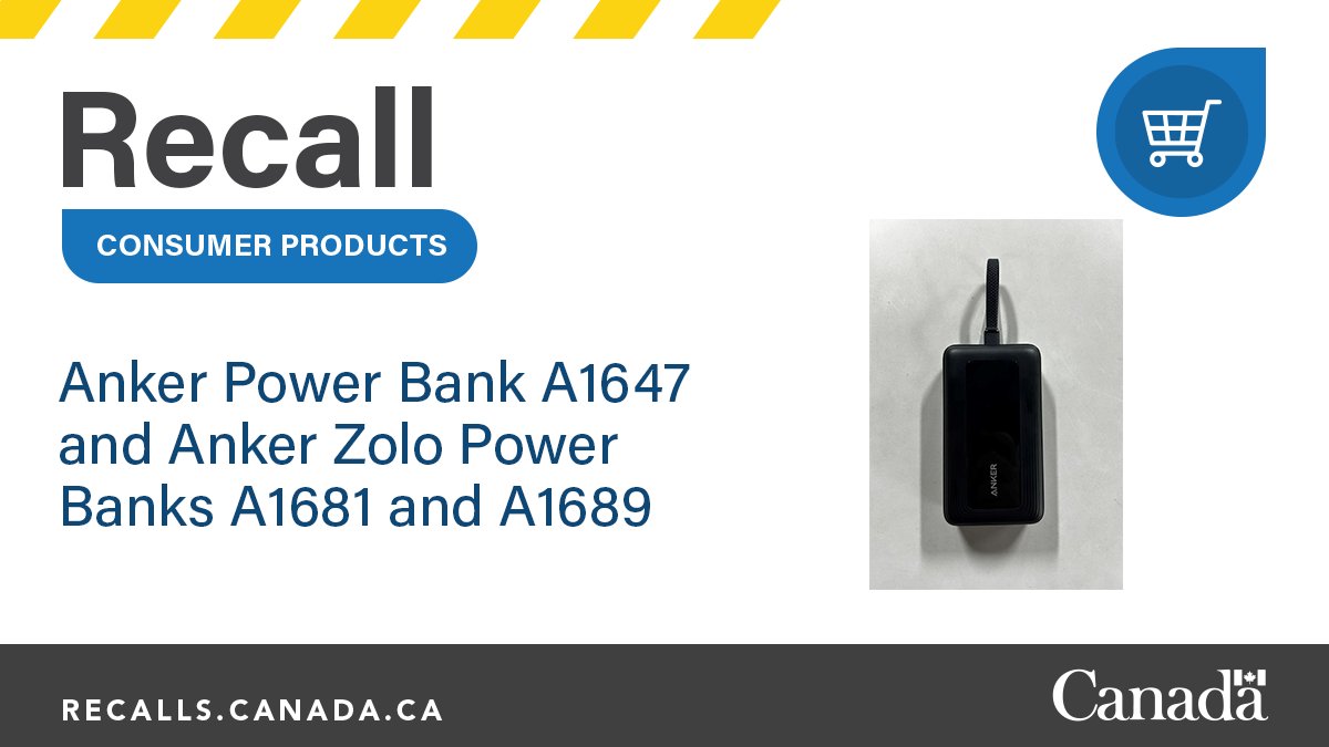 GovCanHealth's tweet image. #Recall: The lithium-ion batteries in certain units of Anker Power Bank A1647 and Anker Zolo Power Banks A1681 and A1689 from Amazon are recalled due to a fire hazard. Find out more about the recall and what to do: ow.ly/LStc50WixT3