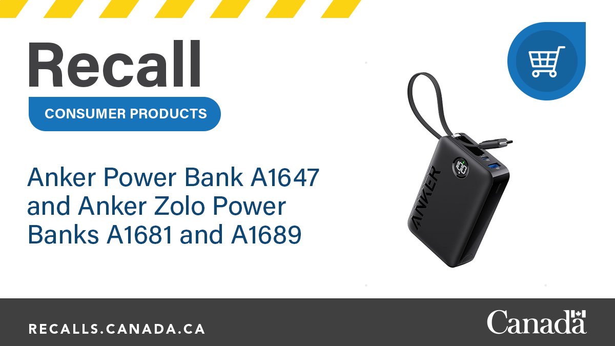 GovCanHealth's tweet image. #Recall: The lithium-ion batteries in certain units of Anker Power Bank A1647 and Anker Zolo Power Banks A1681 and A1689 from Amazon are recalled due to a fire hazard. Find out more about the recall and what to do: ow.ly/LStc50WixT3