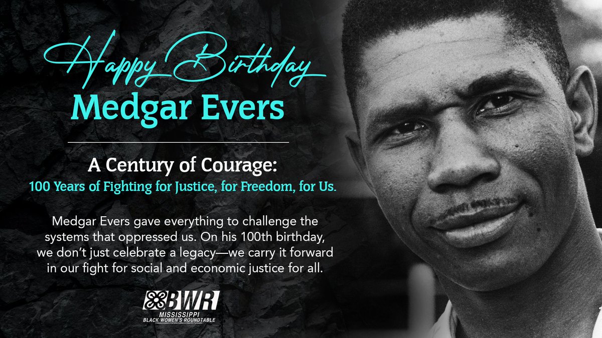 MS_BWR's tweet image. Today marks what would’ve been Medgar Evers’ 100th birthday. He wasn’t just a civil rights icon—he was one of us. A son of Mississippi. A leader who walked the same streets we do, who saw the same injustices we still fight today.

#MSBWR #MedgarEvers100 #JacksonMS #HometownHero