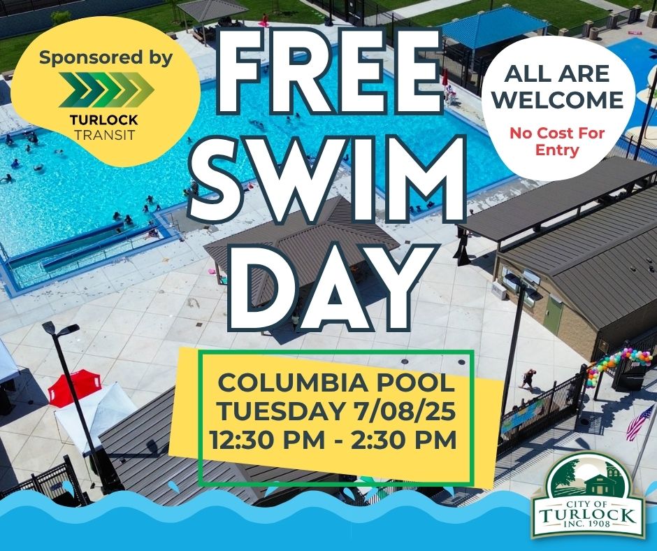 turlocktransit's tweet image. Come on down to Columbia Pool next Tue. (7/8) from 12:30-2:30 PM for a FREE swim day sponsored by @turlocktransit. Enjoy a refreshing break from the summer heat and learn more about transit. All are welcome! #freeswim #ColumbiaPool @CityofTurlock