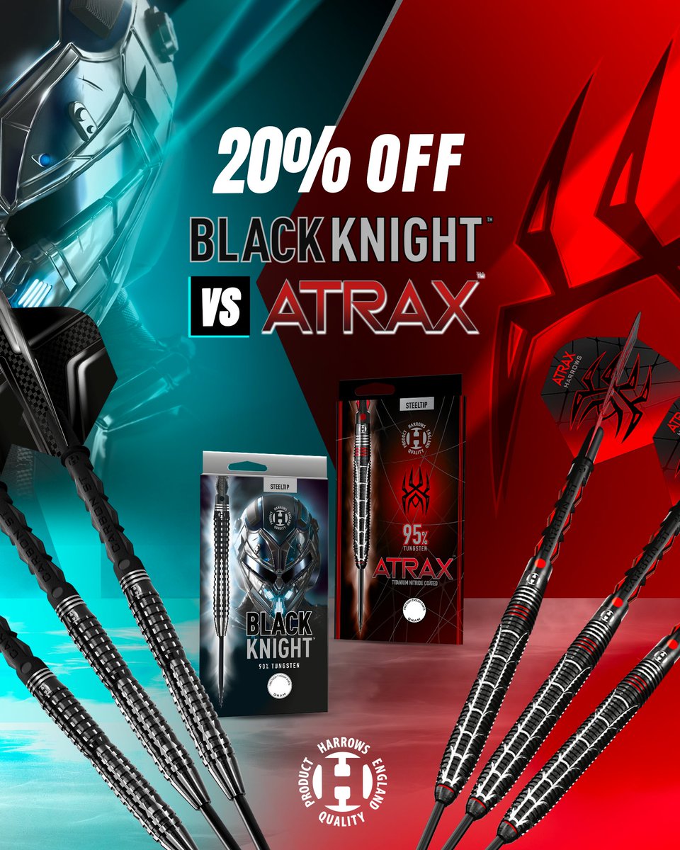 magicdartsinc's tweet photo. We're featuring the Atrax darts, inspired by striking spiders, and the Black Knight darts that represent bravery ALL MONTH long for 20% off! Choose one, or both, and shop them today on our website.

🛒 Shop the collection 👉🏼 https://t.co/Lyqb5xxQCu

#AZDarts #HarrowsDarts https://t.co/PRPdSZGpgK