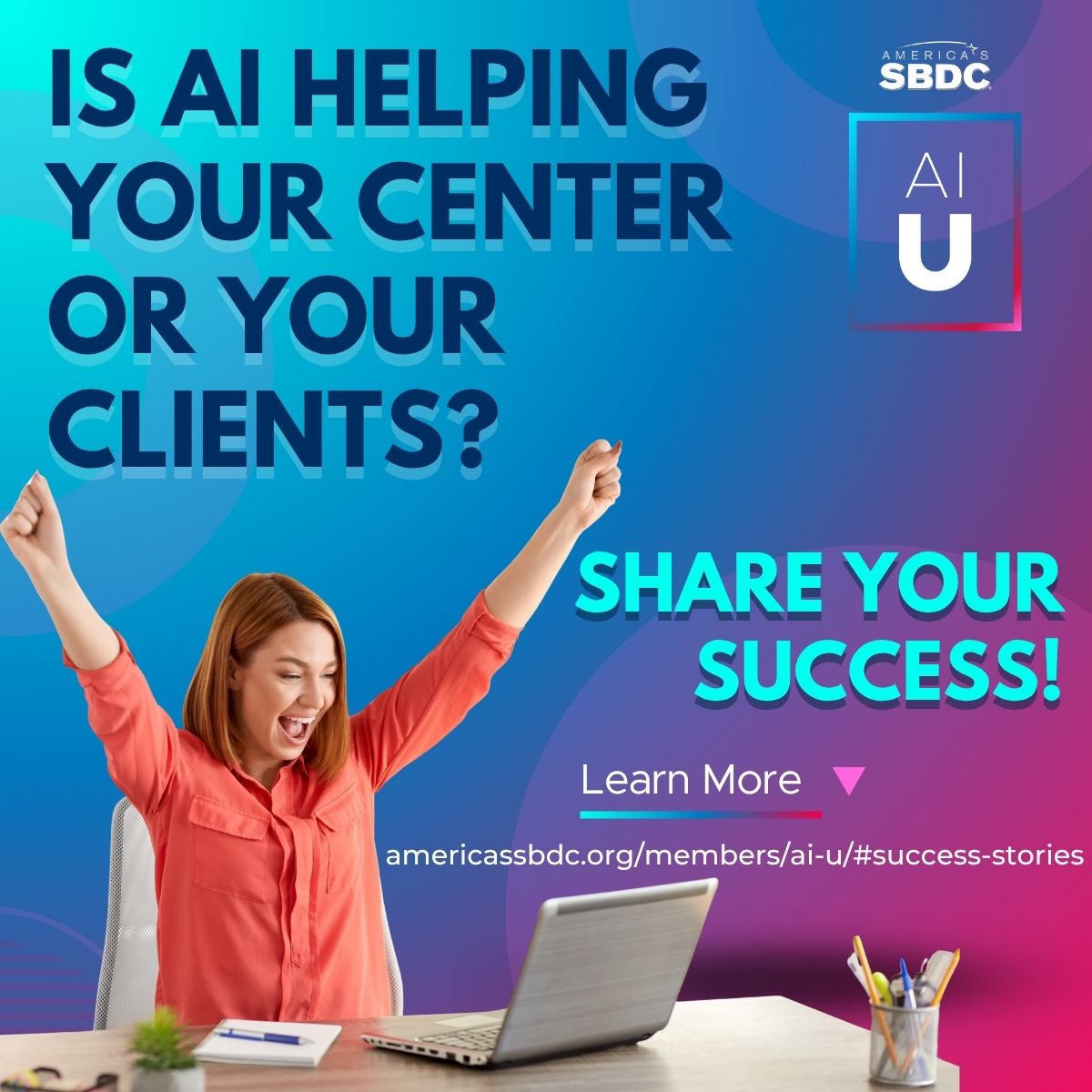 AI U Success Story Alert!
Amazing center or client transformation thanks to AI U resources? We want to hear it!
Your stories help us:
✅ Show impact to funders and partners
✅ Unlock funding for YOUR network
✅ Inspire other SBDCs
Submit: ow.ly/H51B50WjPXx
#AIU #SBDC