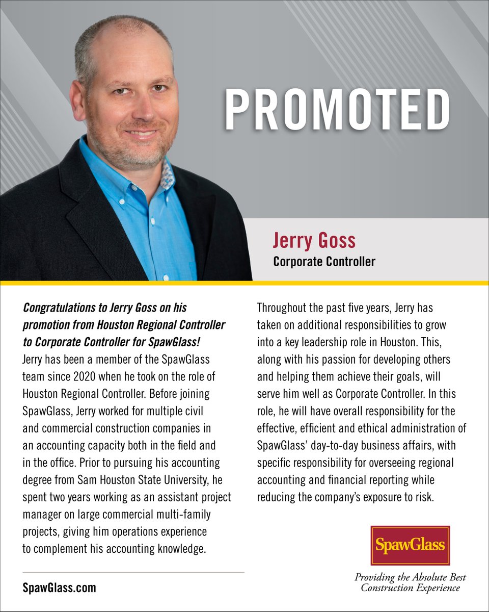 Please join us in congratulating Jerry Goss on his promotion from Houston Regional Controller to Corporate Controller! Jerry's dedication, leadership and financial expertise make him an invaluable part of our SpawGlass team!

#SGBuildsPeople #SGBuildsCareers #AbsoluteBest