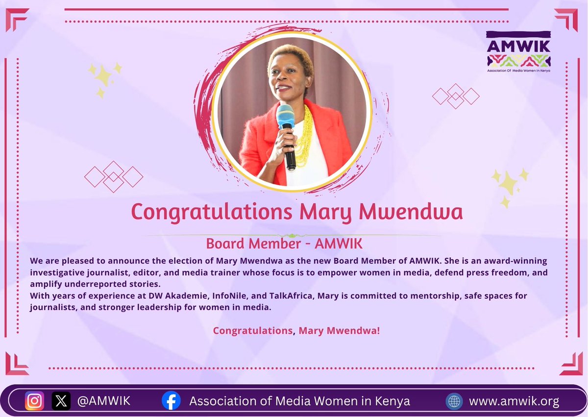 Association of Freelance Journalists (@afjfreelance) on Twitter photo Congratulations to our very own <a href="/marymwendwa/">mary mwendwa</a> for being selected to join the <a href="/AMWIK/">Association of Media Women in Kenya</a> boardđĽłđĽłđĽłđđđđđđ Congratulations to our very own <a href="/marymwendwa/">mary mwendwa</a> for being selected to join the <a href="/AMWIK/">Association of Media Women in Kenya</a> boardđĽłđĽłđĽłđđđđđđ