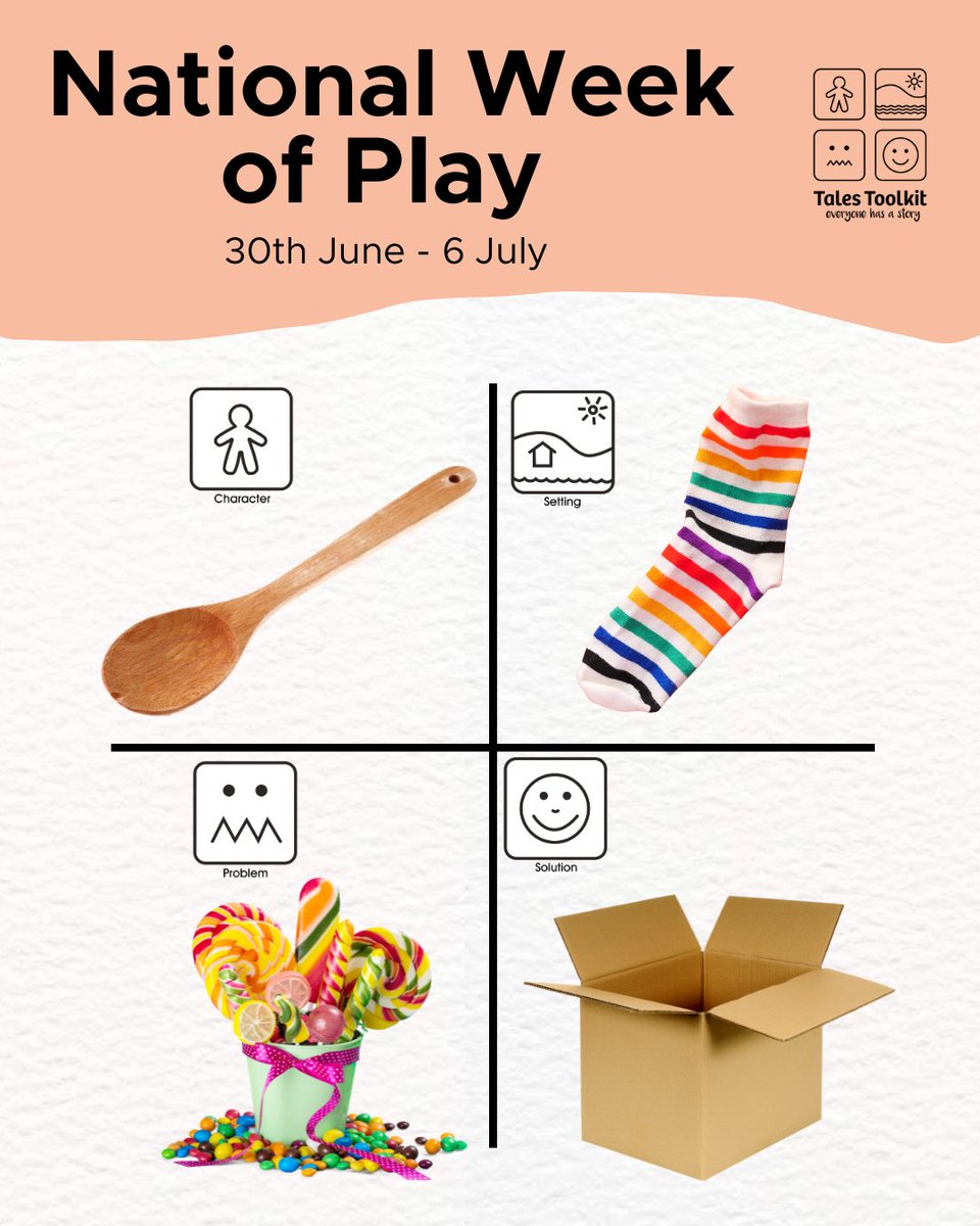 TalesToolkit's tweet image. Story Challenge!
A spoon 🥄
A sock 🧦
Some sweets 🍭
A cardboard box 📦... now tell a story!

Drop your story in the comments or share a photo/video using #TalesToolkitTales

Let’s see how playful storytelling can be!
#NationalWeekOfPlay #EYFSFun #TalesToolkit
