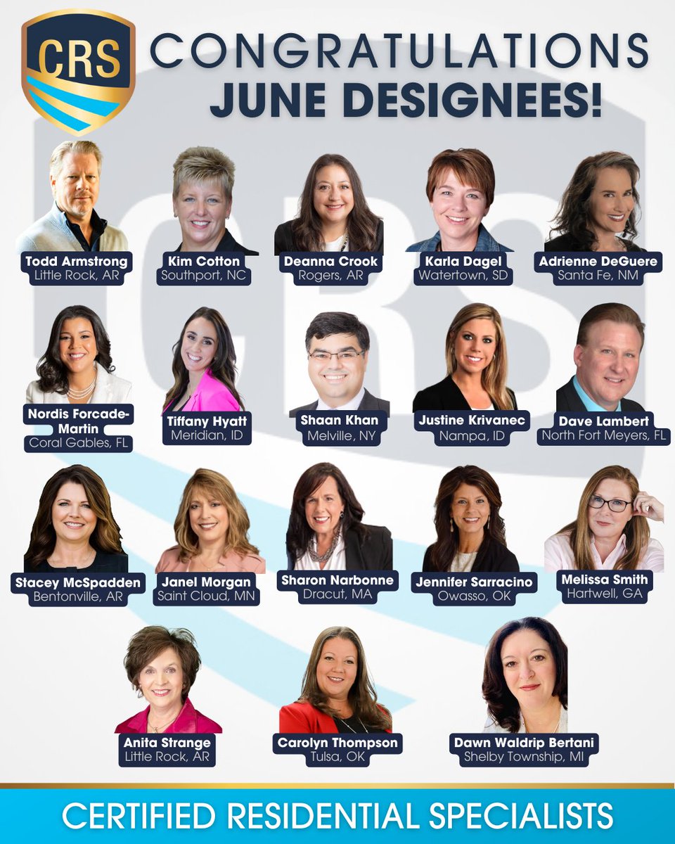 🎉 Congratulations to our newest CRS Designees from June! Your drive, dedication and pursuit of excellence have set you apart. Here’s to continued success as you lead the way in residential real estate. 🌟 #CRSMeansBusiness #TheGoldStandard #SayYesToCRS