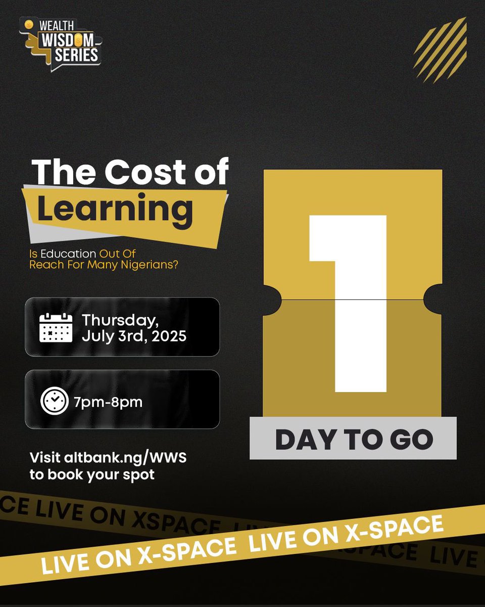 AltBankNg's tweet image. Is Education Out of Reach for Many Nigerians?

Join us tomorrow for an eye-opening discussion!

📅 Thursday, July 3rd, 2025

⏰ 7pm-8pm WAT

🎙️ Live on X-Space!

Reserve your spot now:altbank.ng/WWS

#WealthWisdomSeries #EducationForAll #CostOfLearning #XSpaceLive