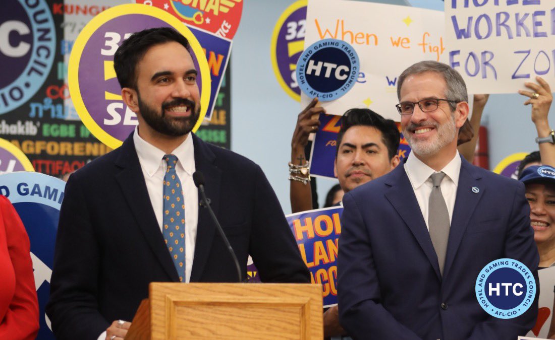 NYHTC's tweet image. There’s no doubt about it – @ZohranKMamdani is the candidate for working New Yorkers.
“To take on inequality, we know the most effective tool is union density,” said Democratic Candidate for Mayor Zohran Mamdani at our union’s headquarters this morning.