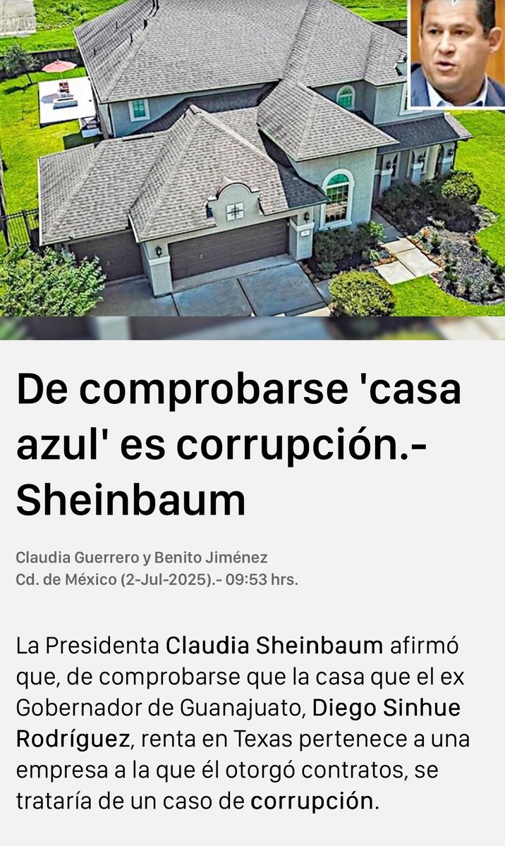 DeniseDresserG's tweet photo. Celebro que la presidenta @Claudiashein considere la “Casa Azul” del ex gobernador de Guanajuato como ejemplo de corrupción. 

Ojalá aplicara el mismo rasero para la “Casa Gris” del hijo de AMLO, las casas de Rocío Nahle, la casa de Arturo Ávila en San Diego, y las múltiples propiedades no declaradas que poseen los miembros de su propio partido/gobierno.