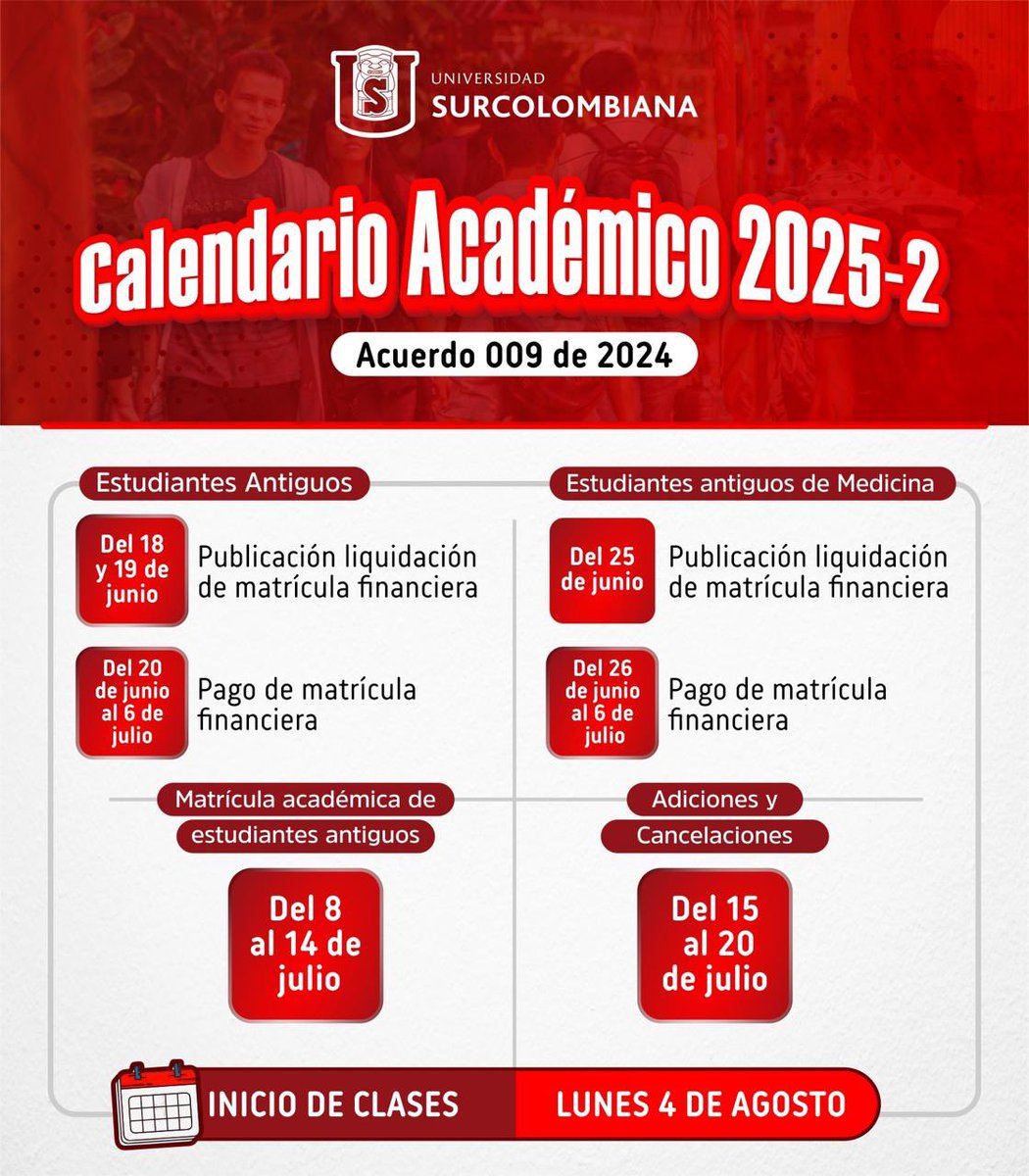 Les recordamos que la matrícula académica para el periodo 2025-2 estará habilitada del 8 al 14 de julio.

Organiza tu horario con anticipación y no dejes pasar las fechas. ¡Tu futuro académico comienza con una buena planificación!

#USCO #CalendarioAcadémico #Matrícula2025_2