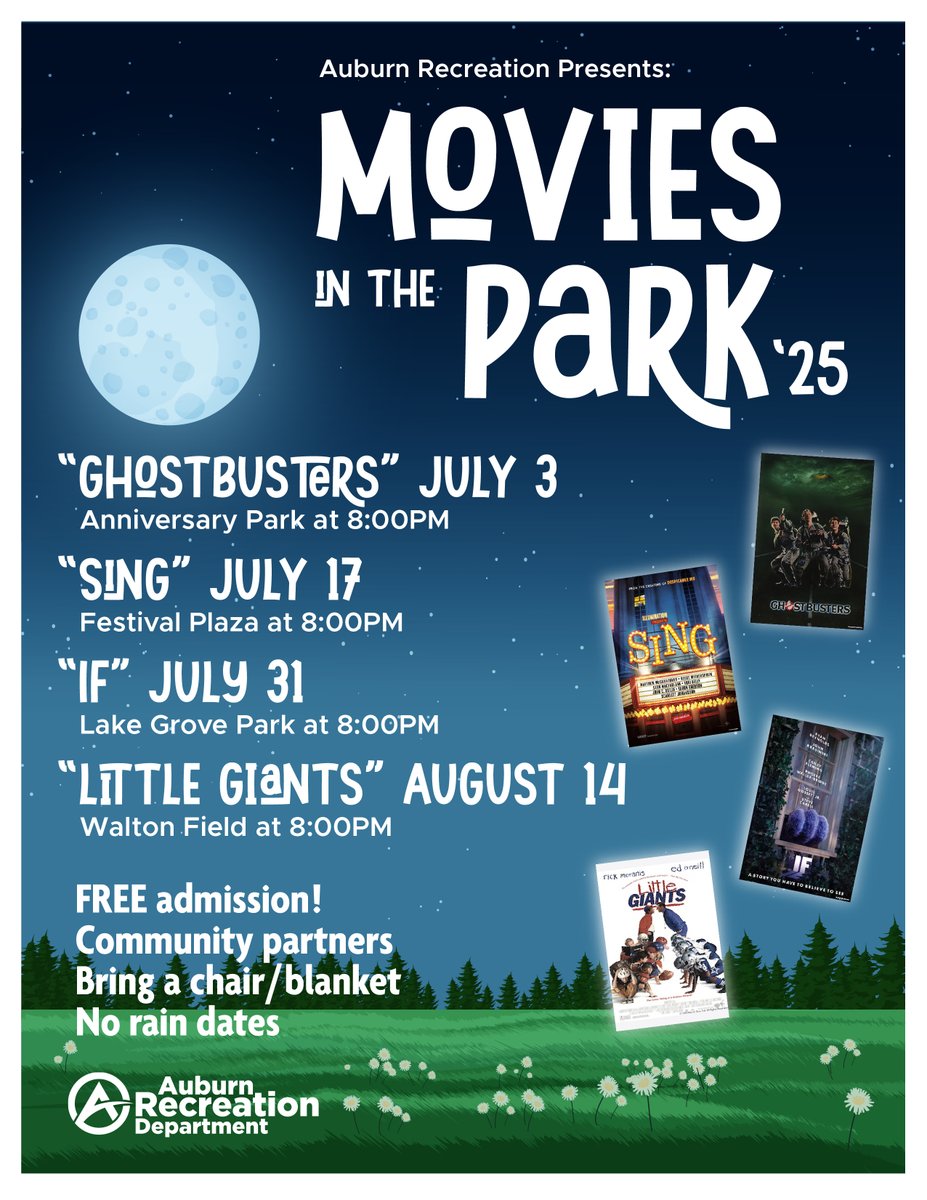 Summer is here and that means Movies in the Park! Join us for a GREAT lineup of family-friendly films. The season kicks off TOMORROW night with "Ghostbusters!" This classic will be shown at 8PM in Anniversary Park. Admission is free! Bring chairs/a blanket &amp; the whole family. 👻